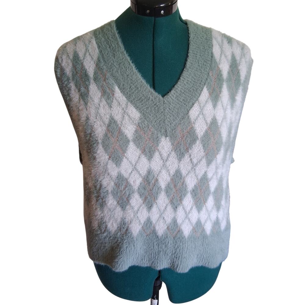 William Rast Fuzzy Argyle Sweater Vest Sage Green L